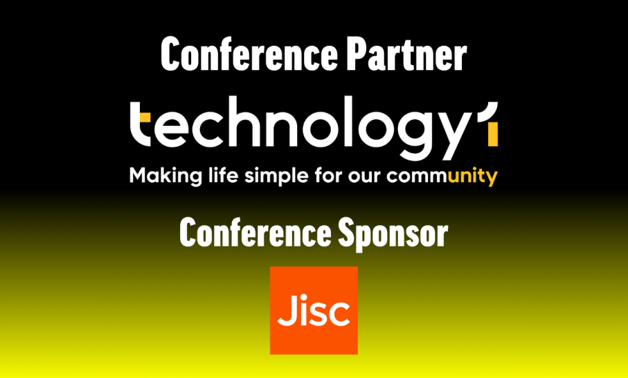 From bottom, yellow gradient into black. White text: Conference Partner: Techology1 - Making life simple for our community. Conference Partner: Jisc