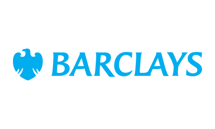 Barclays logo is light bright blue with an bird's silhouette on the left and 'BARCLAYS' written alongside it. 