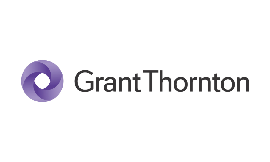 Grant Thornton logo featuring a circular, interlocking purple and blue swirl symbol to the left, with the words “Grant Thornton” in bold black text on a light grey background.