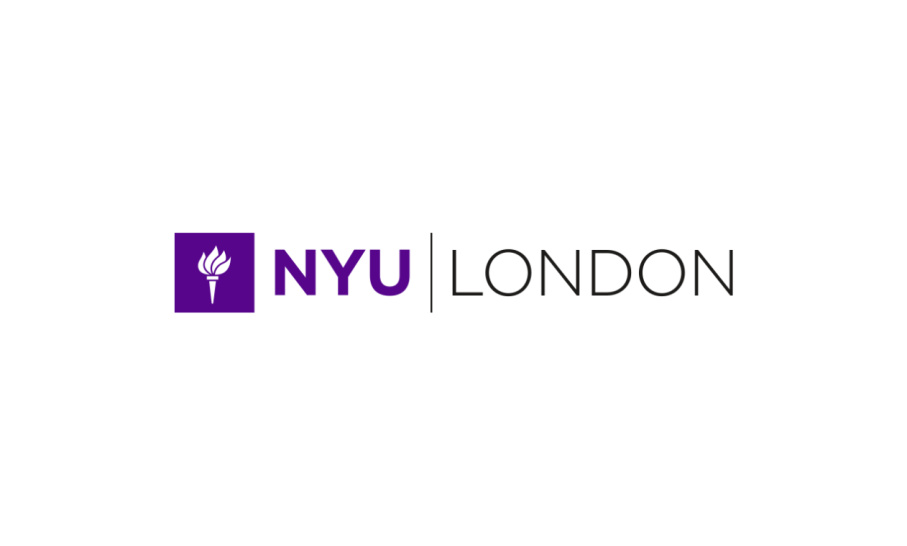 NYU London logo on a white background. A purple square with a white torch icon appears on the left, followed by the letters “NYU” in purple. A thin vertical black line separates this from the word “London” in black capital letters.