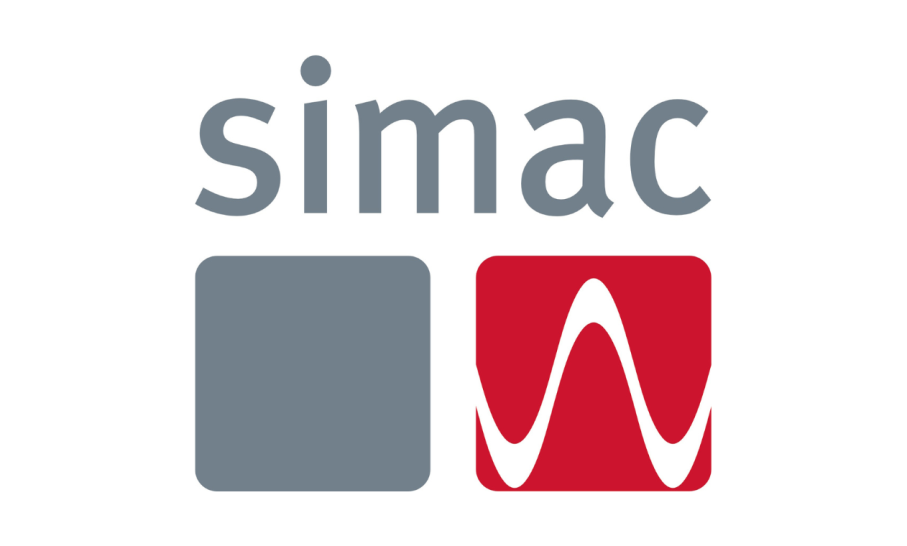 Simac logo with the word 'simac' in grey lowercase letters above two rounded squares: a solid grey square on the left and a red square on the right featuring a white wave-like line.