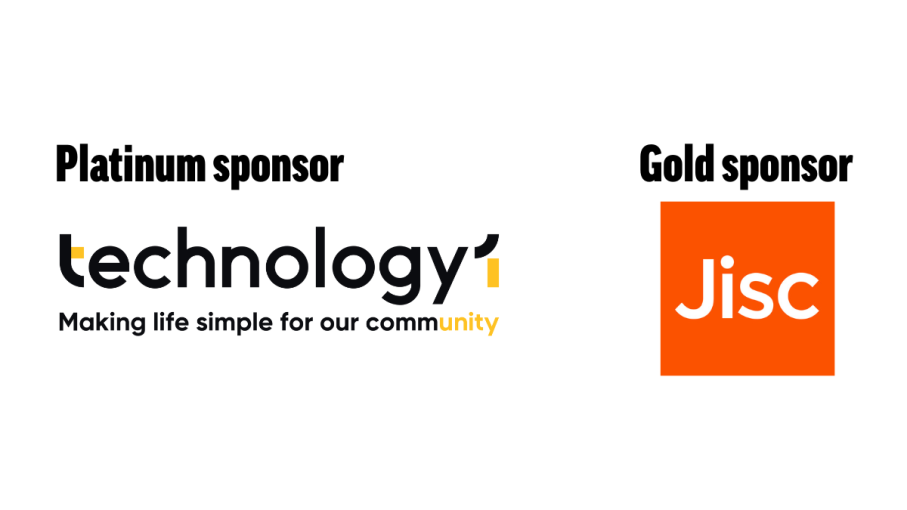 Sponsor logos for the IHE Annual Conference 2025: TechnologyOne as Platinum Sponsor with the tagline 'Making life simple for our community', and Jisc as Gold Sponsor.