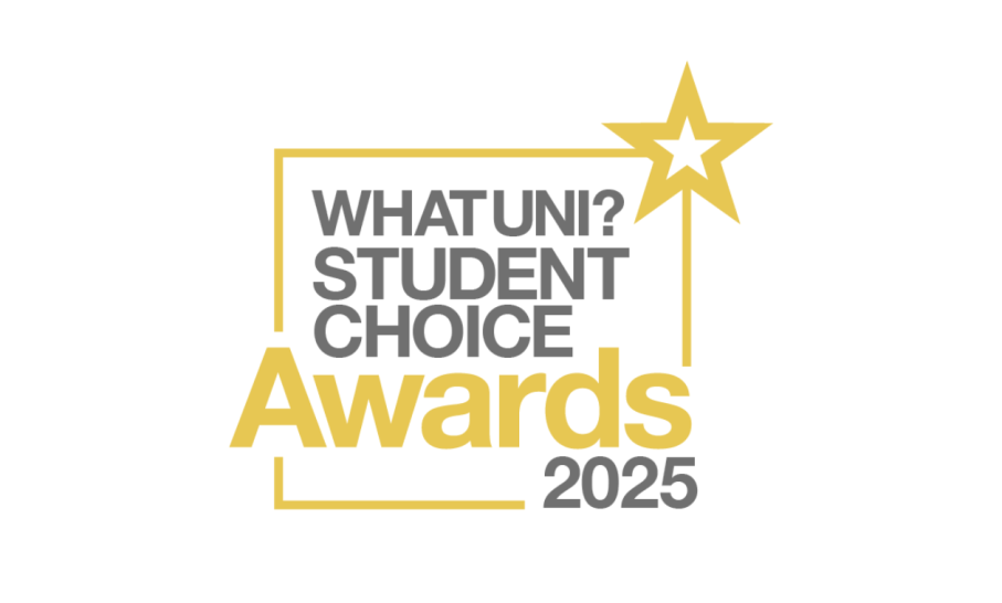 Frame by a gold border with a gold star in the top right, there is text inside that reads 'What Uni? Student Choice [black text] Awards [gold text] 2025 [black text]'.