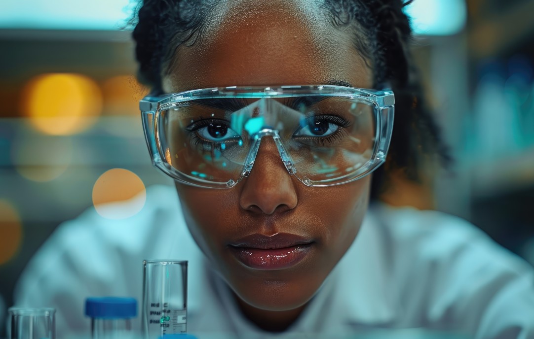 Young woman wearing safety goggles in science lab