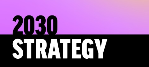 Background is half pink and half black. On the top pink background in black text it says 2030. On the bottom black background it in white text it says Strategy