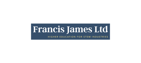 Francis James logo: dark blue with white text: Francis James Ltd, beneath in light yellow text reads: Higher education for STEM industries