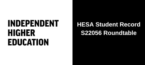 Rectangle with the left half showing the full IHE logo in black on a white background, and the right half showing the words 'HESA Student Record S22056 Roundtable' in white text on a black background.