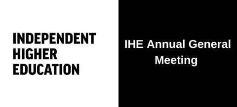 Rectangle with the left half showing the full IHE logo on a white background, and the right half showing the words 'IHE Annual General Meeting' in white text on a black background