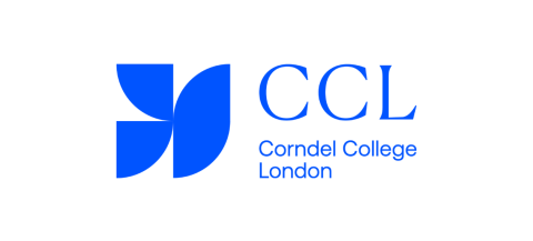 Corndel College London logo showing a bold blue geometric emblem made of four quarter-circle shapes forming a symmetrical abstract design on the left, with the large blue serif letters 'CCL' to the right, and the words 'Corndel College London' in smaller blue sans-serif font beneath.