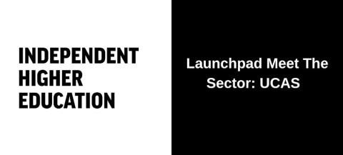 Rectangle with the left half showing the full IHE logo in black on a white background, and the right half showing the words 'Launchpad Meet The Sector: UCAS' in white text on a black background.