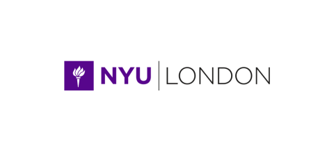NYU London logo on a white background. A purple square with a white torch icon appears on the left, followed by the letters “NYU” in purple. A thin vertical black line separates this from the word “London” in black capital letters.