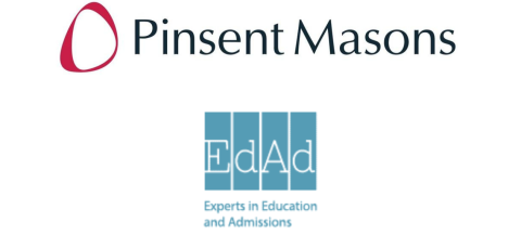 A vertical stack of two logos. Pinsent Masons appears on the top, with a round red circle and black text that reads 'Pinsent Masons' as their logo. Beneath is EdAd's logo, which is turquoise square with white text that reads 'EdAd - Experts in Education and Admissions'