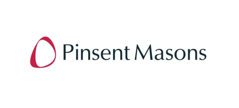 Pinsent Masons logo: a red rounded triangle shape with 'Pinsent Masons' written alongside it in black.