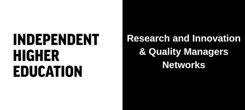 Rectangle with the left half showing the full IHE logo on a white background, and the right half showing the words 'Research and Innovation & Quality Managers Networks' in white text on a black background