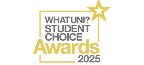 Black text framed in a gold border with a star in the top right, says: 'What Uni? Student Choice [then in gold text] Awards [then black text] 2025.