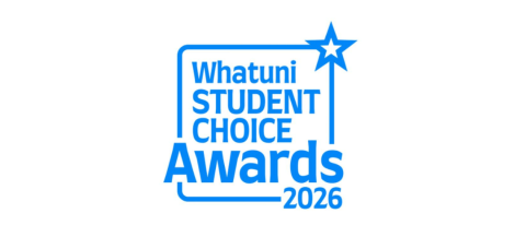 In a blue border and blue text, with a star in the upper right, it reads Whatuni Student Choice Awards 2026