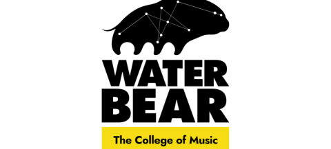 Logo of WaterBear – The College of Music, featuring a stylised black water bear with white constellation-like dots and lines, positioned above bold black text reading 'WATER BEAR'. A yellow rectangle beneath contains the text 'The College of Music' in black.