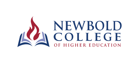 Newbold College of Higher Education logo written in blue and red text with a book on the left that has a flame coming out of it