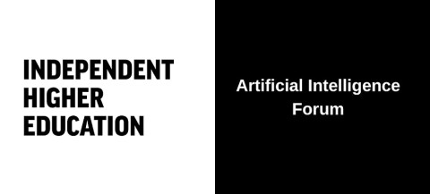 The full Independent Higher Education logo on the left on a white background on one half of a rectangle, which is white, and the other half, which is black, reads 'Artificial Intelligence Forum'