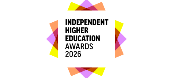 IHE Awards 2026 logo, circled by pink, orange and yellow triangles