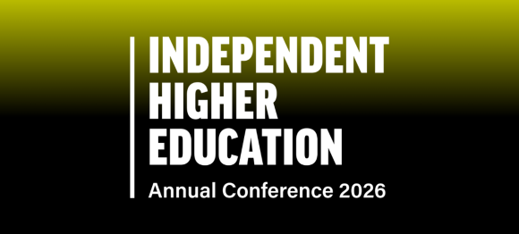 From the top, a yellow gradient that turns to solid black. White text reads: Independent Higher Education Annual Conference 2026