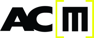 The logo is ACM in black text, with neon green brackets around the 'm'