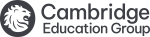 A dark grey circle with a light grey lion in the middle, with Cambridge Education Group written beside it. This is their logo.