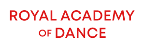 Logo in red capitalised writing saying: ROYAL ACADEMIC OF DANCE
