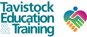 In teal text: Tavistock Education & Training. Next to is a green and a pink hand graphic holding hands in a heart shape