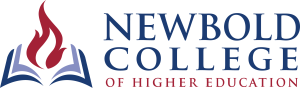 Newbold College of Higher Education logo, in blue and red text; on the left there is a book with a flame coming out of its centre.