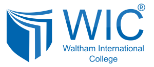 WIC logo in blue, with text reading: WIC (Copyright symbol) Waltham International College