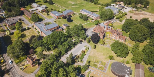 Aerial view of campus buildings