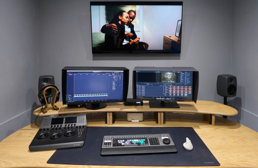 Editing studio with equipment and screen