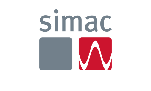 Simac logo with grey wording and grey and red squares