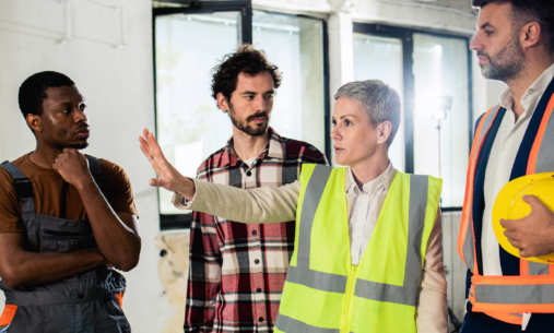 Site manager briefing a group of construction professionals during a project meeting.