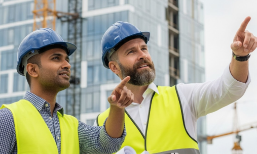 Two men in high vis jackets on a constructions site