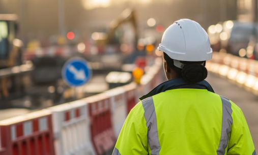 A woman in a high vis jacket looking at a road