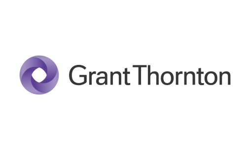 Grant Thornton logo featuring a circular, interlocking purple and blue swirl symbol to the left, with the words “Grant Thornton” in bold black text on a light grey background.