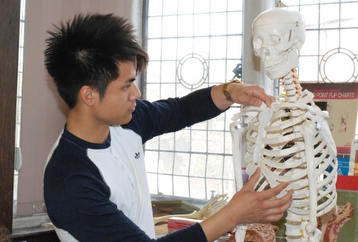 Student and skeleton in library