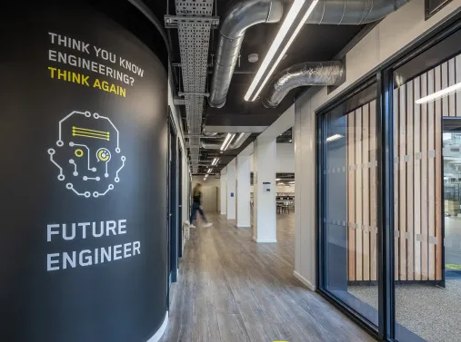 corridor inside building with slogan