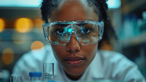 Woman scientist wearing safety goggles