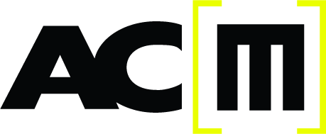 The logo is ACM in black text, with neon green brackets around the 'm'