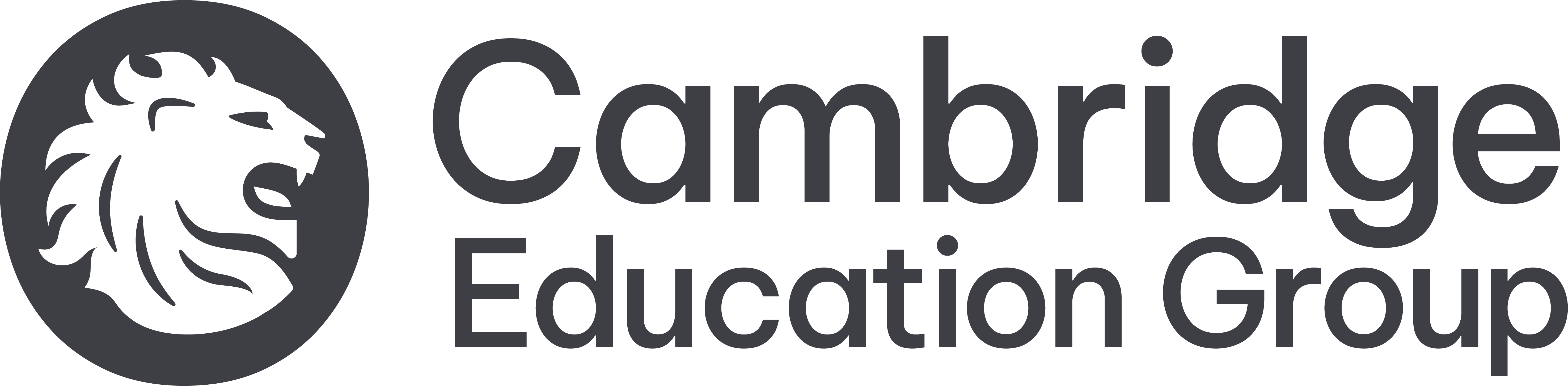 A dark grey circle with a light grey lion in the middle, with Cambridge Education Group written beside it. This is their logo.