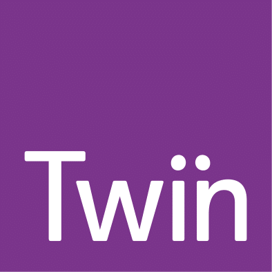 Twin Group logo is a purple box with white text that says Twin - the 'i' has two dots.