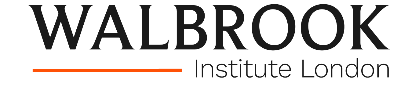 Logo: In black text on the top line it says 'WALBROOK' and beneath is an orange link, with Institute London written alongside it.